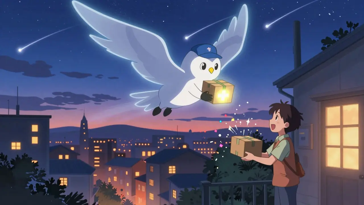 Magical bird delivering glowing medicine package to happy patient
