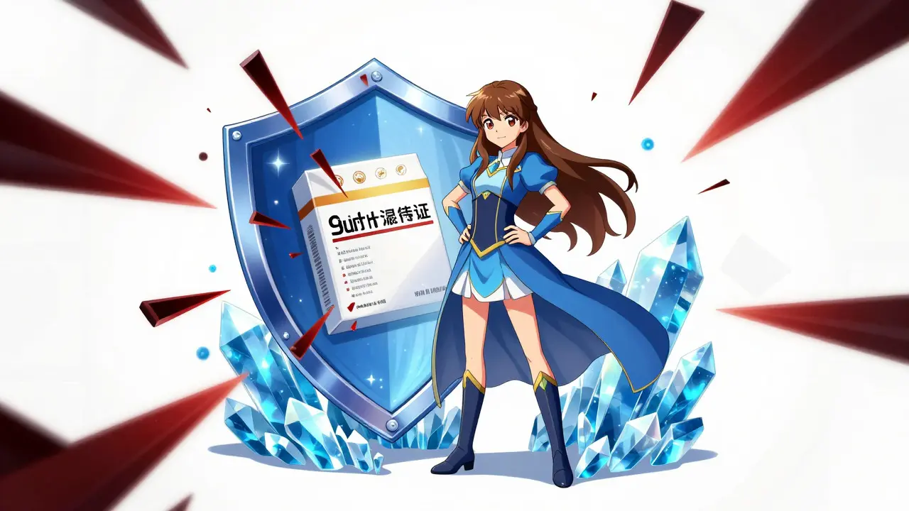 Magical girl anime character holding a crystal shield protecting a medicine package from dark shards