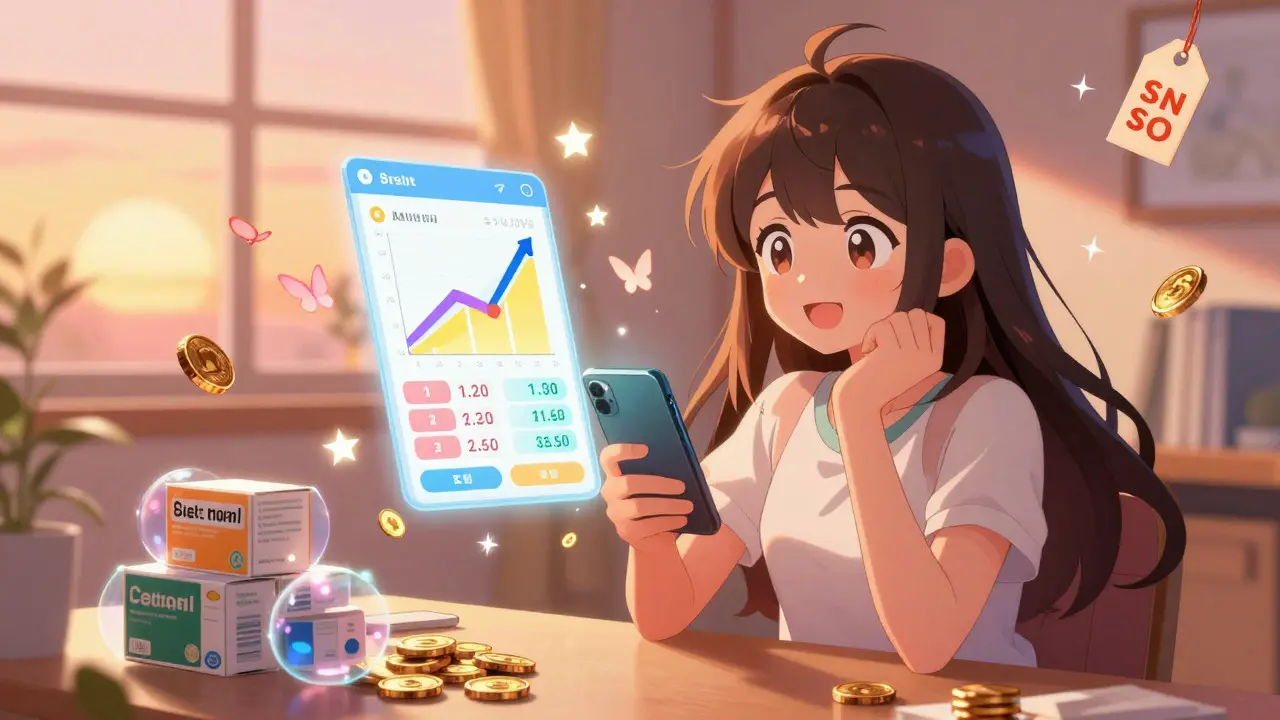 Magical girl anime character smiling at savings projections on a phone screen