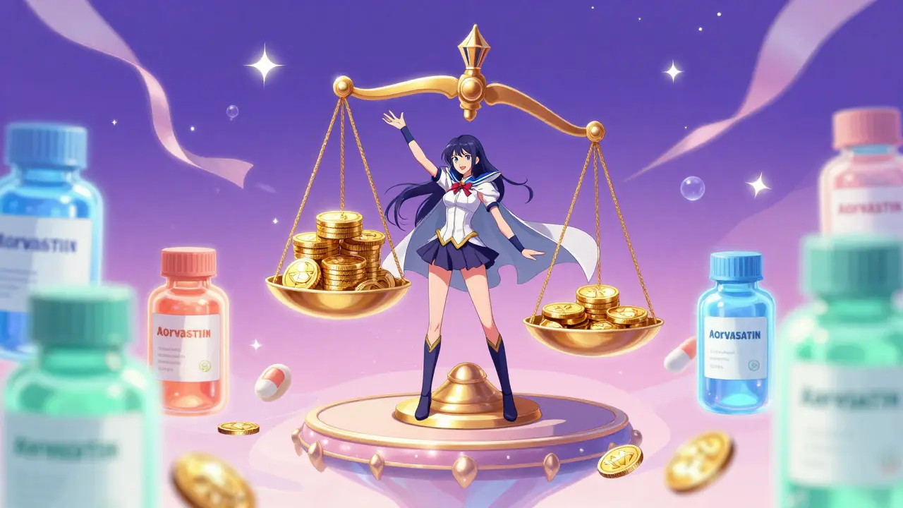 Magical girl balancing money and medicine bottles in fantasy market