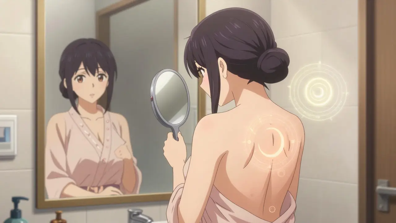 Magical girl checking her skin in a bathroom mirror