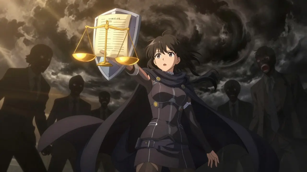 Magical girl shielding herself from shadows with legal justice symbols