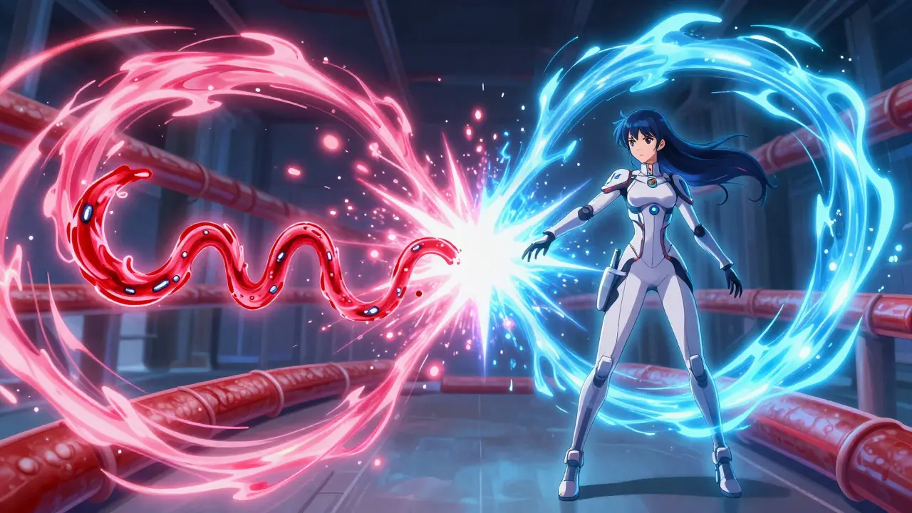 Magical girl style art depicting clashing energy streams representing medication interactions and side effects