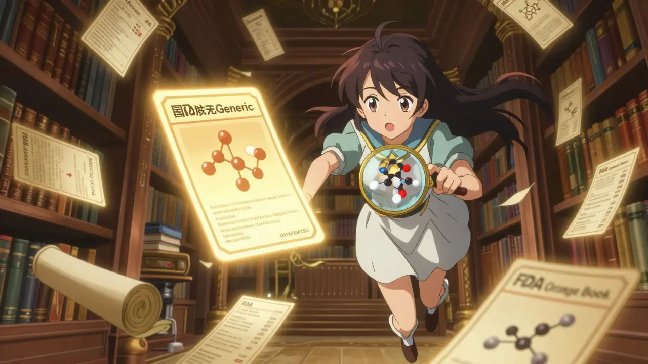 Magical girl verifying drug authenticity using a glowing FDA database scroll.
