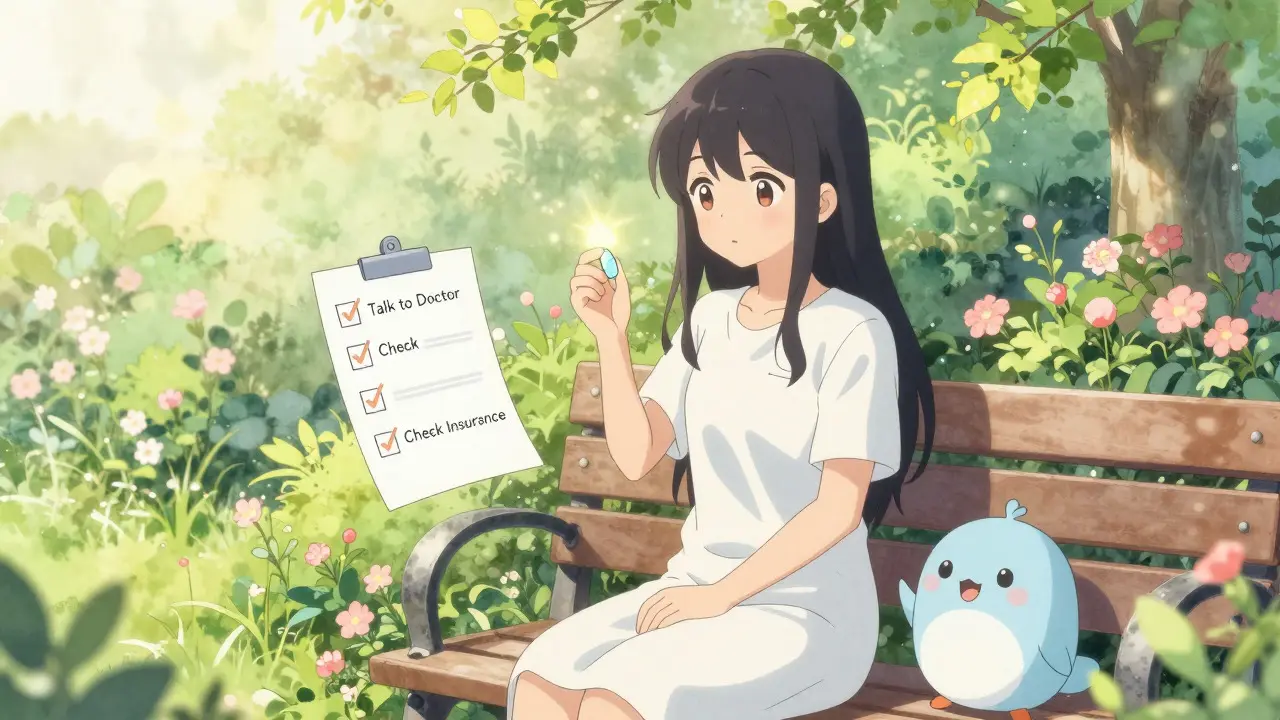 Serene anime scene of a patient feeling confident about their medication choice.