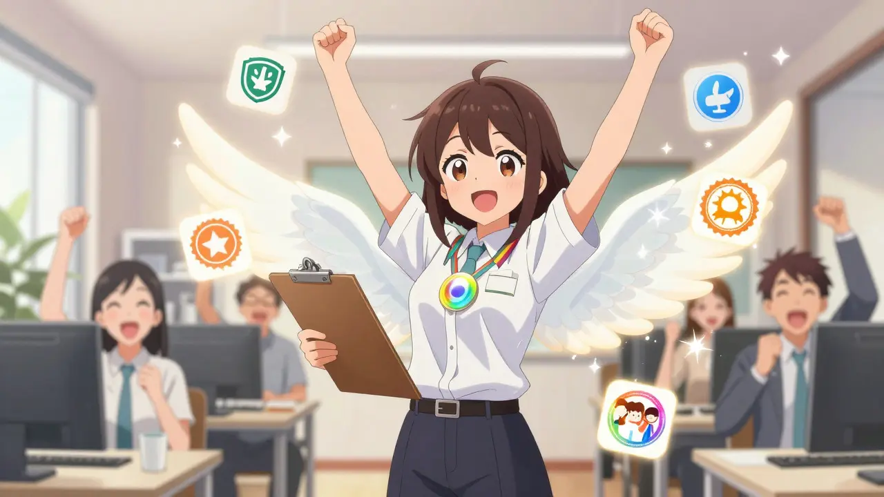 Triumphant anime whistleblower celebrating with glowing safety badges