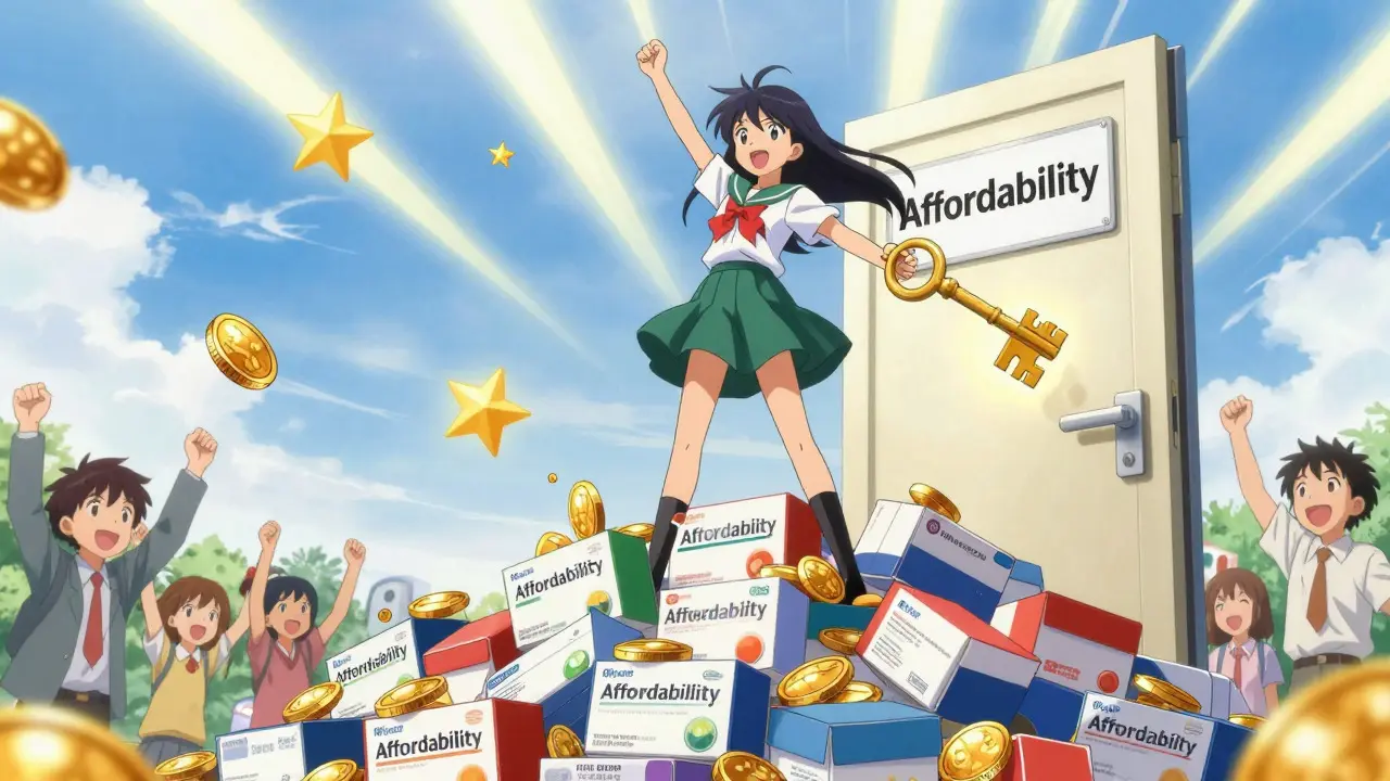 Triumphant magical girl standing on medicine boxes unlocking affordability