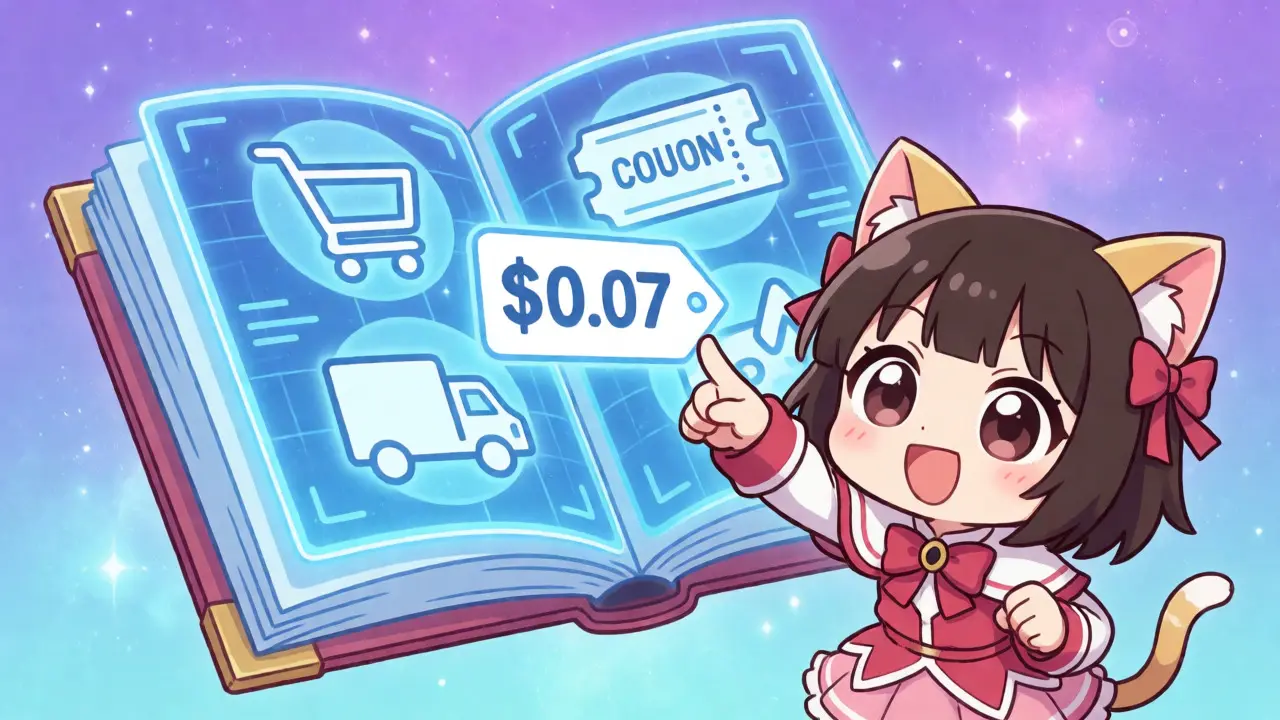 Chibi mascot pointing at low price tags in digital anime scene