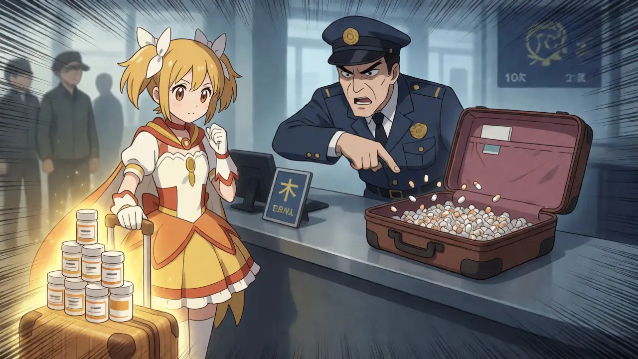 Customs officer inspecting loose pills vs. glowing labeled bottles